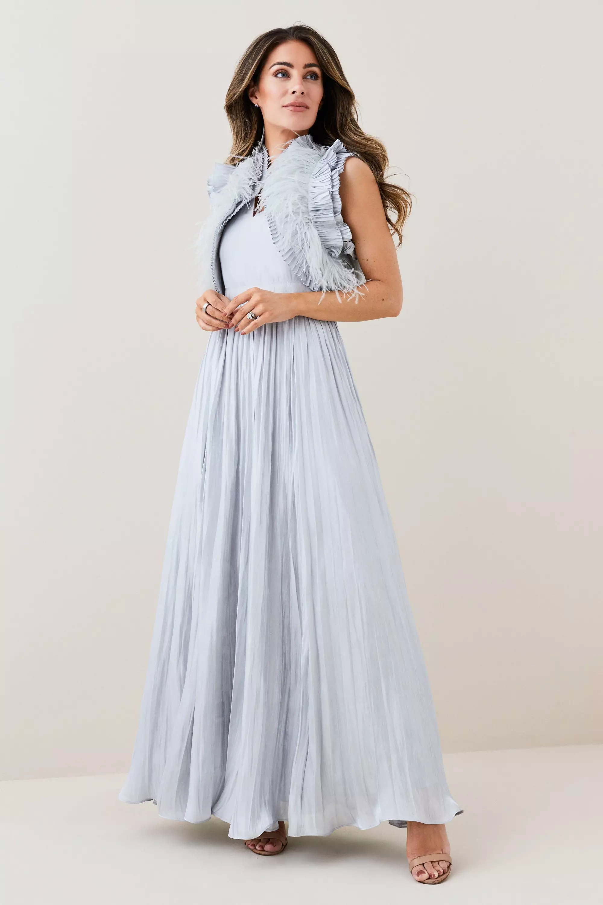 Metallic Feather Ruffle Woven Maxi Dress | Karen Millen